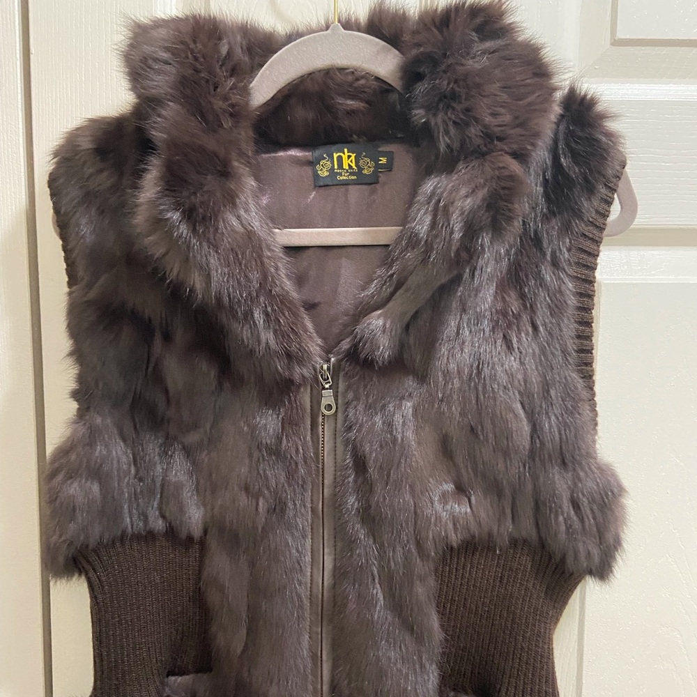 Dark Chocolate Brown Rabbit Fur Vest with Knit ribbed sides